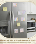 Refrigerator showcasing 200 Pcs Button Maker Film Kit With Glittering Holographic Sheets For 50 Mm Badges Eight Styles Square Laminate