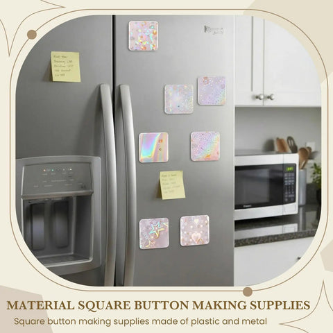Refrigerator showcasing 200 Pcs Button Maker Film Kit With Glittering Holographic Sheets For 50 Mm Badges Eight Styles Square Laminate