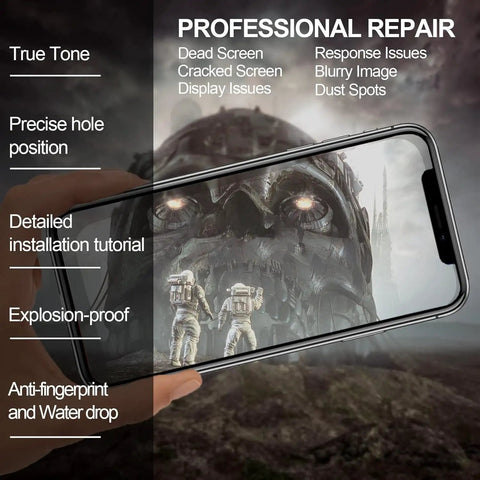 Pro Grade 6.7 Inch iPhone 13 Pro Max Screen Replacement Kit With LCD Display And 3D Touch Digitizer held in hand with game image on screen