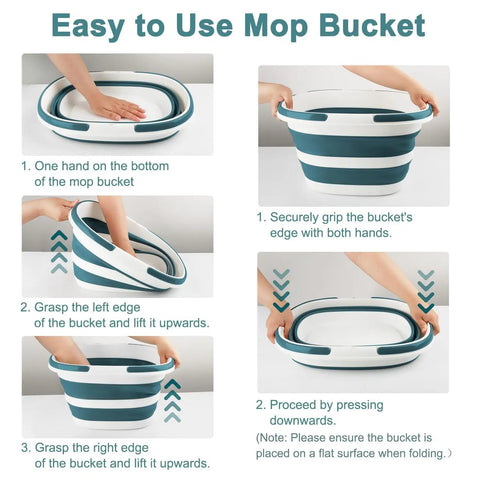 Collapsible 4.2 Gallon Mop Bucket with handle shown in steps for folding and unfolding, silicone design, easy use.