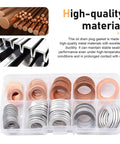 Pro Grade 100 Piece Oil Drain Plug Gasket Set with silver and copper anti leak heat resistant crush washers in box