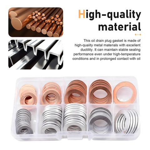 Pro Grade 100 Piece Oil Drain Plug Gasket Set with silver and copper anti leak heat resistant crush washers in box