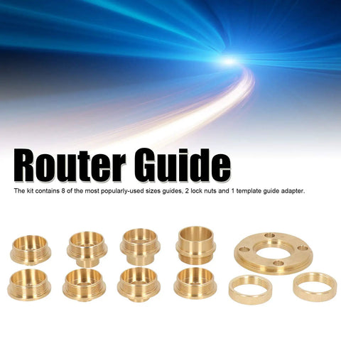 11 Piece Template Router Guide Bushing Kit With Heavy Duty Lock Nuts And Precision Adapter, eight brass bushings and one adapter.