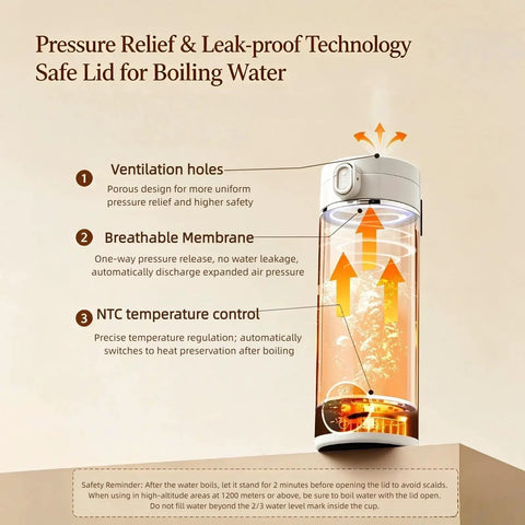 Grab And Go Travel Kettle with pressure relief and leak-proof technology for safe boiling, 500 ml capacity, 304 stainless steel.