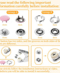 Diagram showing installation steps for 100 Full Snap Button Sets 9.5mm Metal Snaps With Silver Hollow Prongs Includes Pliers Press Tool Kit.