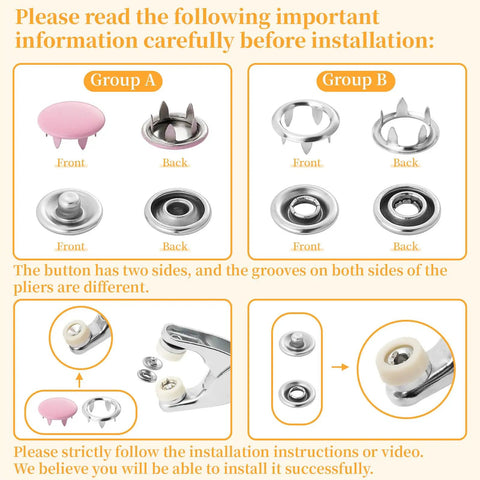 Diagram showing installation steps for 100 Full Snap Button Sets 9.5mm Metal Snaps With Silver Hollow Prongs Includes Pliers Press Tool Kit.
