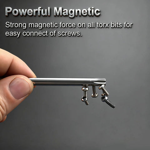 Powerful magnetic T15 Security Torx Bits Set with screws attached for easy use, 4 inch long S2 steel tips.