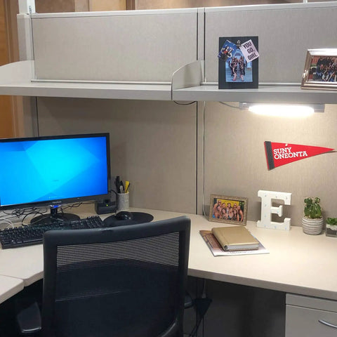 Office desk with 12 Inch LED Under Cabinet Light with 600 Lumens Warm White 3000K Undermount Lighting Fixture for Kitchen Closet and Bedroom On Off Switch Plug In Easy Mounting installed under shelf.
