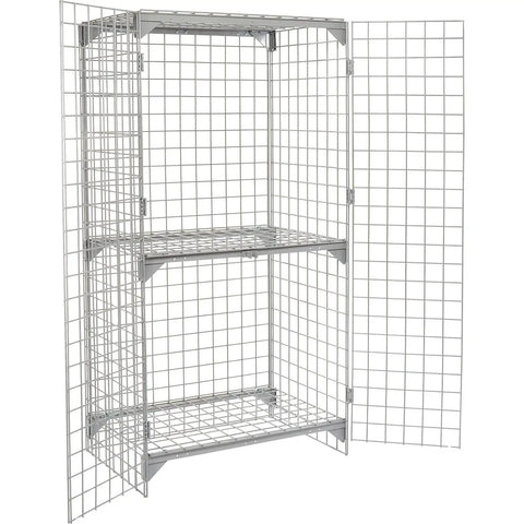 Built Tough Commercial Wire Mesh Security Locker With Heavy Duty Double Doors Premium Adjustable Shelf No Sweat Setup Hella Secure Latch For Shop Warehouse In Durable Gray, open with two shelves.