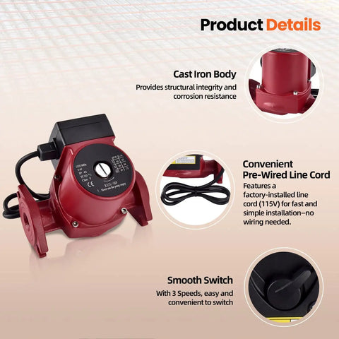 Heavy Duty Three Speed Water Circulator Pump Replacement For Hydronic Heating Systems 115 Volts UPS1558FRC with cast iron body and pre-wired line cord.