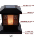 Two Pack Solar Flame Post Lights With 72 LED Flickering Flame Outdoor Cap Lights For Halloween And Christmas Fits 4x4 5x5 Or 6x6 Wooden Posts Great For Yard Fence Deck Or Patio Stay Lit shown with a glowing flame effect and measurements