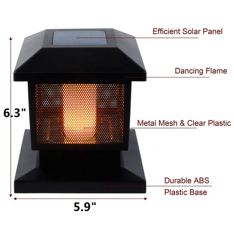 Two Pack Solar Flame Post Lights With 72 LED Flickering Flame Outdoor Cap Lights For Halloween And Christmas Fits 4x4 5x5 Or 6x6 Wooden Posts Great For Yard Fence Deck Or Patio Stay Lit shown with a glowing flame effect and measurements