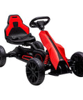 Front view of red Kid Pedal Go Kart For Outdoors With Adjustable 4 Position Seat Swing Axle Handbrake And Non Slip EVA Wheels