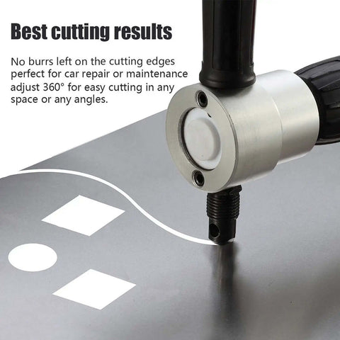 Beast Mode Pro Grade Double Head Sheet Metal Nibbler Cutter Drill Attachment With 360 Degree Adjustable Head shown cutting metal