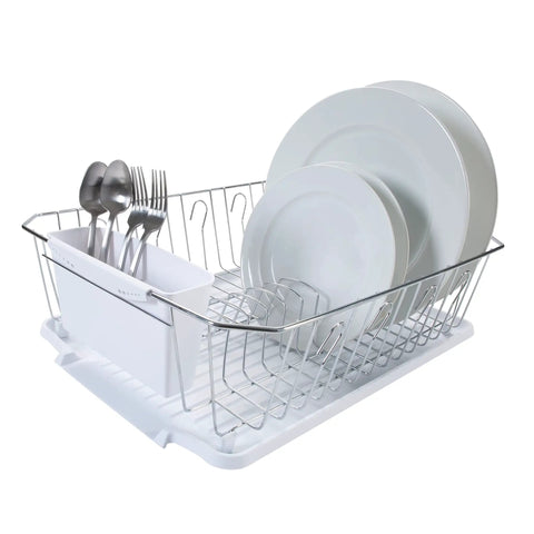 3 Piece Dish Rack Set With Cutlery Basket And Drainboard Tray Self Draining Open Wire Countertop Drying Rack In Chrome White