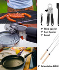 35 Piece Camping Kitchen Utensil Set Portable Outdoor Cooking Tools For Camping RV Backpacking And BBQ Complete Camp Kitchen Gear With Carry Bag Grilling Tools And Cooking Accessories displayed with grilling sausages, opening a can, and brushing a pan.