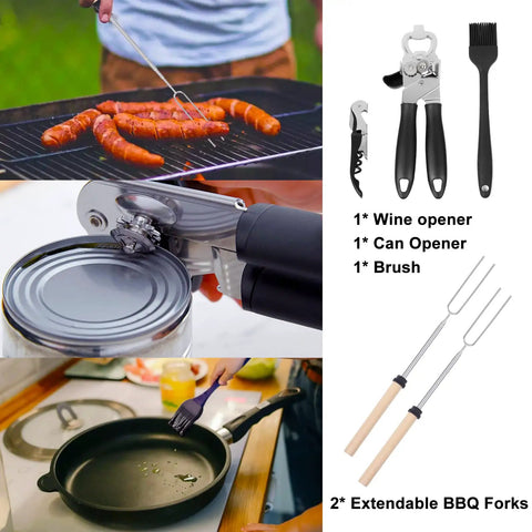 35 Piece Camping Kitchen Utensil Set Portable Outdoor Cooking Tools For Camping RV Backpacking And BBQ Complete Camp Kitchen Gear With Carry Bag Grilling Tools And Cooking Accessories displayed with grilling sausages, opening a can, and brushing a pan.