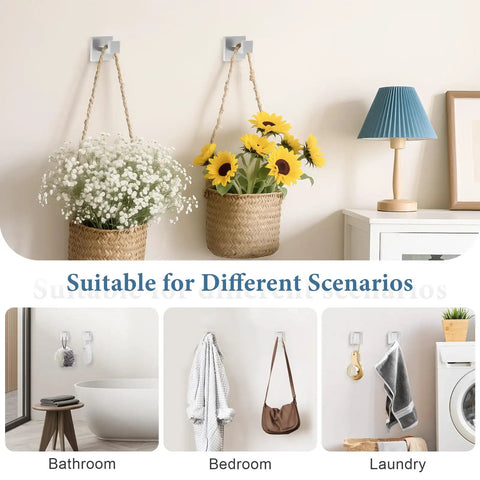 Brushed Stainless Steel 4 Piece Bathroom Hardware Set Wall Mounted With Towel Bar Towel Holder Robe Hook And Toilet Paper Holder Rust Resistant SUS304 Finish shown in a bathroom, bedroom, and laundry scenario.