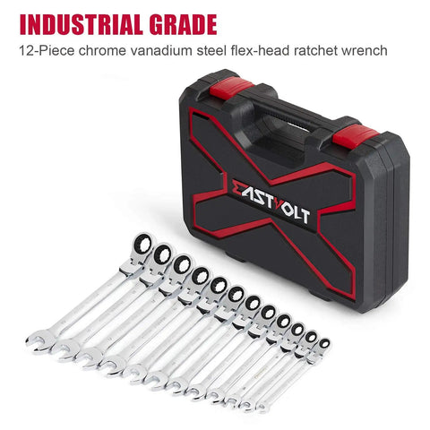 Flex Head Ratcheting Wrench Set 12 Piece Metric 8mm To 19mm With Open And Box End Spanners Chrome Vanadium Steel Includes Tool Box 72 Tooth Ratchet And 5 Degree Swing Arc