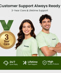 Smiling male and female wearing light green Grasside shirts promoting customer support and service with medal.