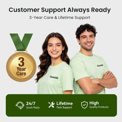 Smiling male and female wearing light green Grasside shirts promoting customer support and service with medal.
