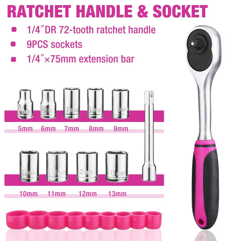Pink 218-Piece Go-To Home Repair Tool Kit with ratchet, sockets, and extension bar displayed on a pink background for DIY projects.