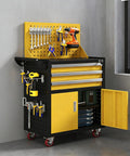 Hella Durable Rolling Tool Cart With Super Smooth Sliding Drawers Rust Resistant Steel Garage Storage Chest with tools on pegboard.