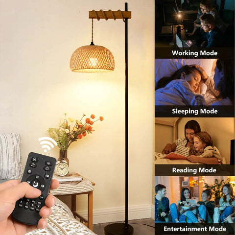 Boho Floor Lamp With Remote For Living Room And Bedroom, Farmhouse Dimmable Rattan Standing Lamp With Bamboo Lampshade, Wood Black Tall Lamp, App Control And Smart Bulb Included, 9W LED, Cozy Warm Glow