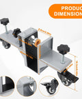 Heavy Duty Door Lifter Dolly Twin Pack For Doors From One And Three Eighths Inches To Two And One Half Inches Prehung Slab Front Steel Doors Installation Tools For Commercial And Residential Use showing product dimensions with adjustable steel frame and wheels.