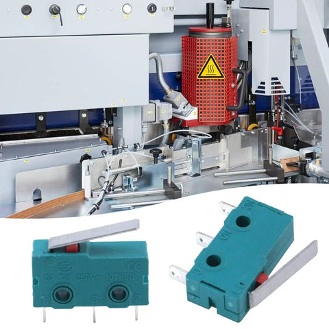 6 Pack KW4-3Z-3 Micro Limit Switches With Hinge Lever Actuators for CNC Mills, close-up view of green switch and machinery background