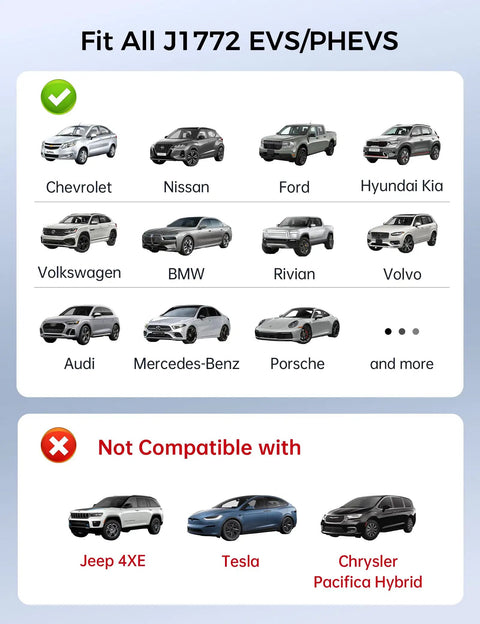 Image displaying compatible EV models for Straight Up Tesla To J1772 Nacs Adapter For Evs Plug And Play 80A Fast Charger.