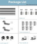 Package contents of 12 Foot Box Rail Exterior Barn Door Hardware Kit For Two Doors System shown with tracks, rollers, and brackets.