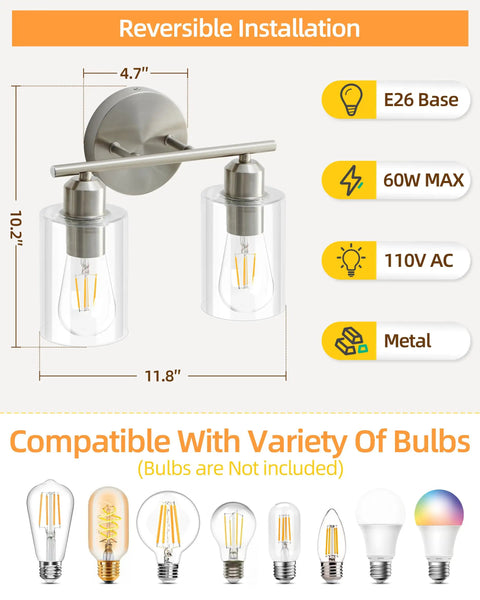 Sleek Two Light Brushed Nickel Vanity Light Fixture Over Mirror With Clear Glass Shades Modern Wall Sconce dimensions and specs
