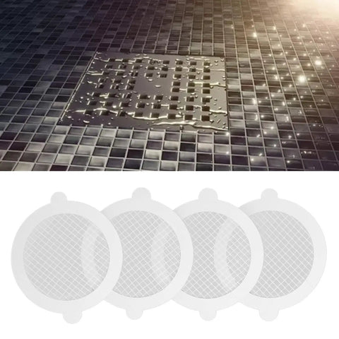 YUEHISY 50Pcs Shower Drain Hair Catcher Fiberglass Dense Mesh (50 Pieces) displayed on a tiled shower floor with a metal drain.