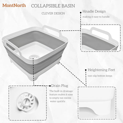 Collapsible Wash Basin 9L With Drain Plug Foldable Dish Tub For On The Go Camping And RV Kitchen Portable Sink gray with handles