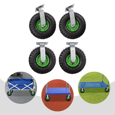 Killer 10 Inch Pneumatic Casters Set Of 4 Heavy Duty Air Tire Rubber Wheels for toolbox cart with green rim.