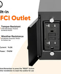 Heavy Duty Matte Black Motion Sensor Outdoor Wall Light With Built In GFCI Outlet showing tamper resistant outlet and weather resistance features.