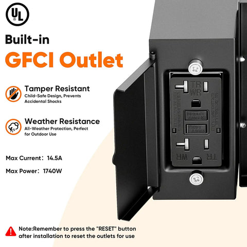 Heavy Duty Matte Black Motion Sensor Outdoor Wall Light With Built In GFCI Outlet showing tamper resistant outlet and weather resistance features.