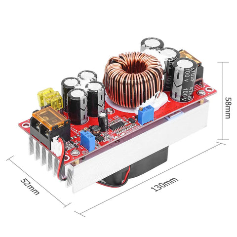 Beefy 1500W Boost Converter DC To DC Step Up Module dimensions 130x52x58mm, circuit board with coils and capacitors