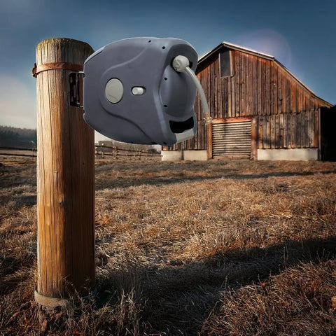 100 Ft Retractable Hose Reel With Wall Mount, Auto Rewind, visible on wooden post in rural setting, charcoal finish