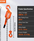 3 Ton Lever Chain Hoist 10 Ft Lift G80 Galvanized Carbon Steel Weston Double Pawl Brake Auto Chain Lead shown with specs