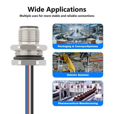 M12 4 Pin A Coded Male Aviation Connector Cable in industrial usage with packaging, robotic, and pharmaceutical systems applications