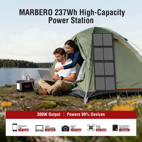 Couple camping with Portable 237Wh Solar Generator with Foldable 60W Panel 300W Pure Sine Wave Power Station by a tent.
