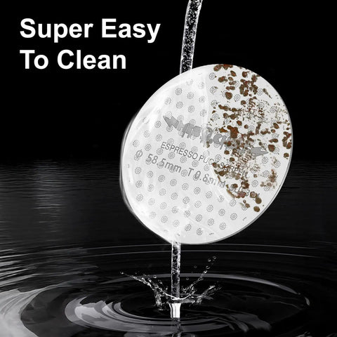 51mm Espresso Puck Screen With Full Edge Holes, 0.8mm Thin 316 Stainless Steel, Reusable Filter Disc being rinsed in water