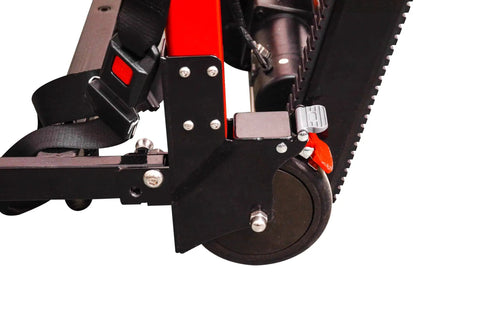 Heavy Duty Electric Hand Truck With 441 Lb Capacity And 160W Motor showing close-up of wheel and locking mechanism.