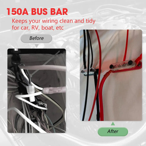 Top Shelf Heavy Duty 12V Bus Bar Power Distribution Block With Five By One Quarter Inch Studs Slick Color Coded Red And Black Pair For Rock Solid 150A Up To 48V DC Hookups wiring before and after installation in a vehicle.
