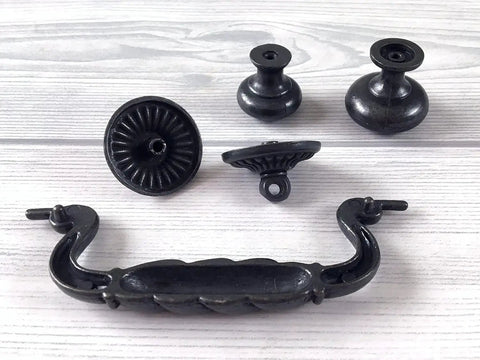 Vintage Black Bail Drawer Pull Four And A Quarter Inch Centers Drop Swing Dresser Cabinet Hardware Old School Retro Look Zinc Alloy
