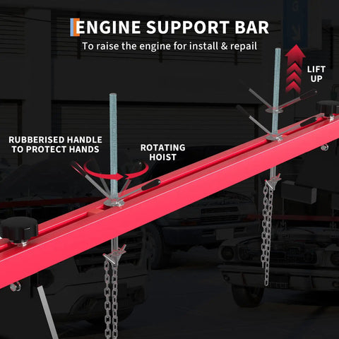 Engine Support Bar 1100 Lb Capacity With Dual Hooks And 2 Point Lift Transverse Engine Hoist For Home Garages And Auto Repair Shops Red Workhorse Tool For Engine Removal And Transmission Work, red steel bar with chains