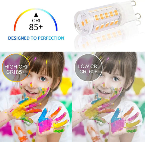 Comparison of G9 Led Bulbs 4W Chandelier Light Bulbs 40W Halogen Equivalent 3000K showing high CRI 85+ and low CRI 60+ effects