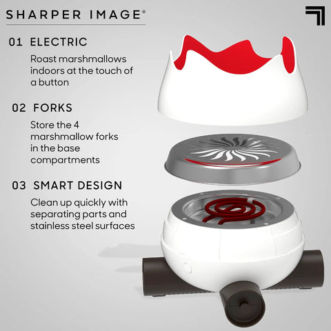 Exploded view of Flameless Electric Marshmallow S'mores Maker With Four Forks showing removable parts and storage compartments.